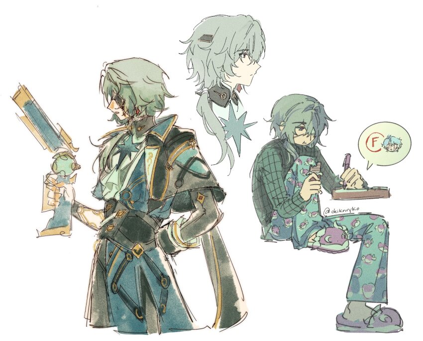 1boy, anaxa_(honkai:_star_rail), aqua_hair, candy, chocolate, chocolate_bar, eating, eyepatch