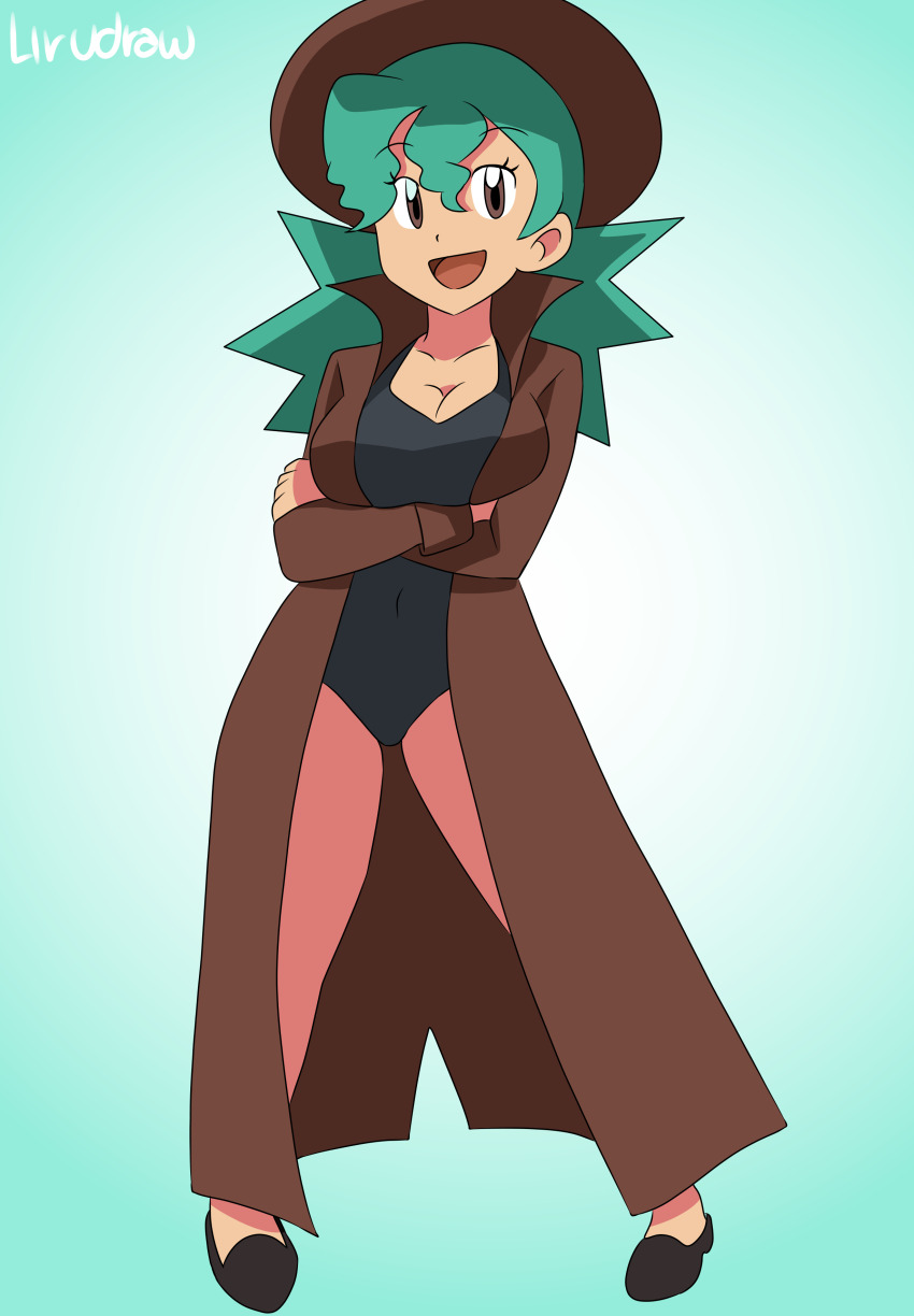 1girl, absurdres, alternate_costume, breasts, brown_eyes, crossed_arms, detective, detective_hat, green_hair, hat, highres, jenny_(pokemon), long_coat, marble_(pokemon), nintendo, orange_eyes, pokemon, pokemon_(anime), pokemon_dp059, pokemon_the_series:_diamond_and_pearl, shoes, smile, swimsuit, swimsuit_under_clothes