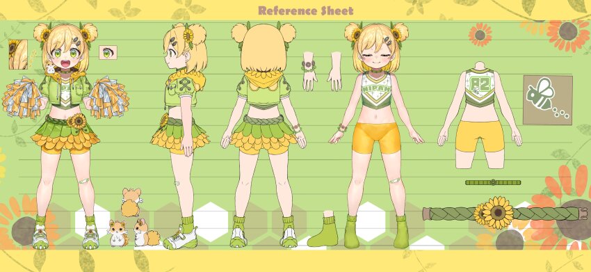 1girl, absurdres, animal, artist_request, bandaid, bandaid_on_knee, bandaid_on_leg, bike_shorts, cheerleader, closed_eyes, closed_mouth, double_bun, flower, green_eyes, green_jacket, green_shoes, green_skirt, green_socks, hair_bun, hair_flower, hair_ornament, hamuhima_(hani_hima), hani_hima_(v-dere), highres, hood, hood_down, hooded_jacket, jacket, midriff, multiple_views, navel, open_mouth, pom_pom_(cheerleading), reference_sheet, second-party_source, shoes, short_hair, shorts, skirt, smile, socks, sunflower, sunflower_hair_ornament, v-dere, virtual_youtuber, yellow_flower, yellow_shorts