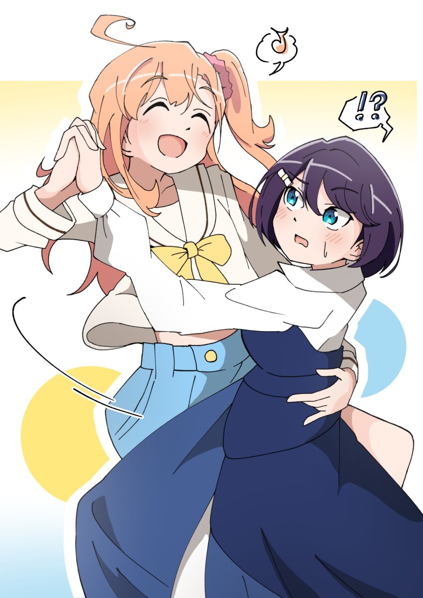 !?, 2girls, 3nu_m, :d, ^_^, ahoge, azabu_mai, blue_dress