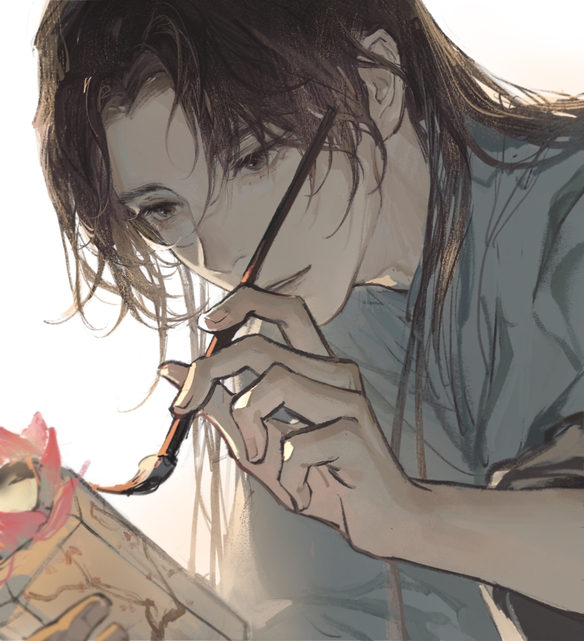 1boy, absurdres, brown_eyes, brown_hair, calligraphy_brush, chinese_commentary, han_muchun, highres