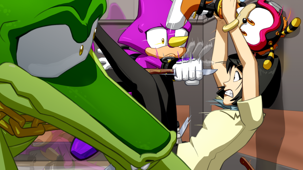 1girl, 3boys, afterimage, antennae, black_hair, brenda_(sonic), chain, charmy_bee, colored_skin, espio_the_chameleon, gloves, gold_chain, green_skin, holding, holding_knife, joeadok, knife, multiple_boys, purple_skin, sonic_(series), sonic_unleashed, teeth, vector_the_crocodile, white_gloves, yellow_eyes