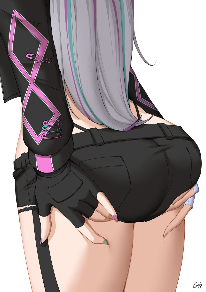 1girl, absurdres, aqua_hair, ass, ass_focus, black_gloves, black_jacket, black_shorts