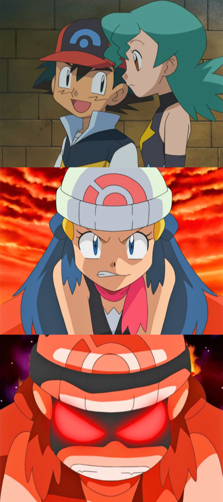 1boy, 2girls, absurdres, aged_down, ash_ketchum, bare_shoulders, dawn_(pokemon), gen_4_pokemon