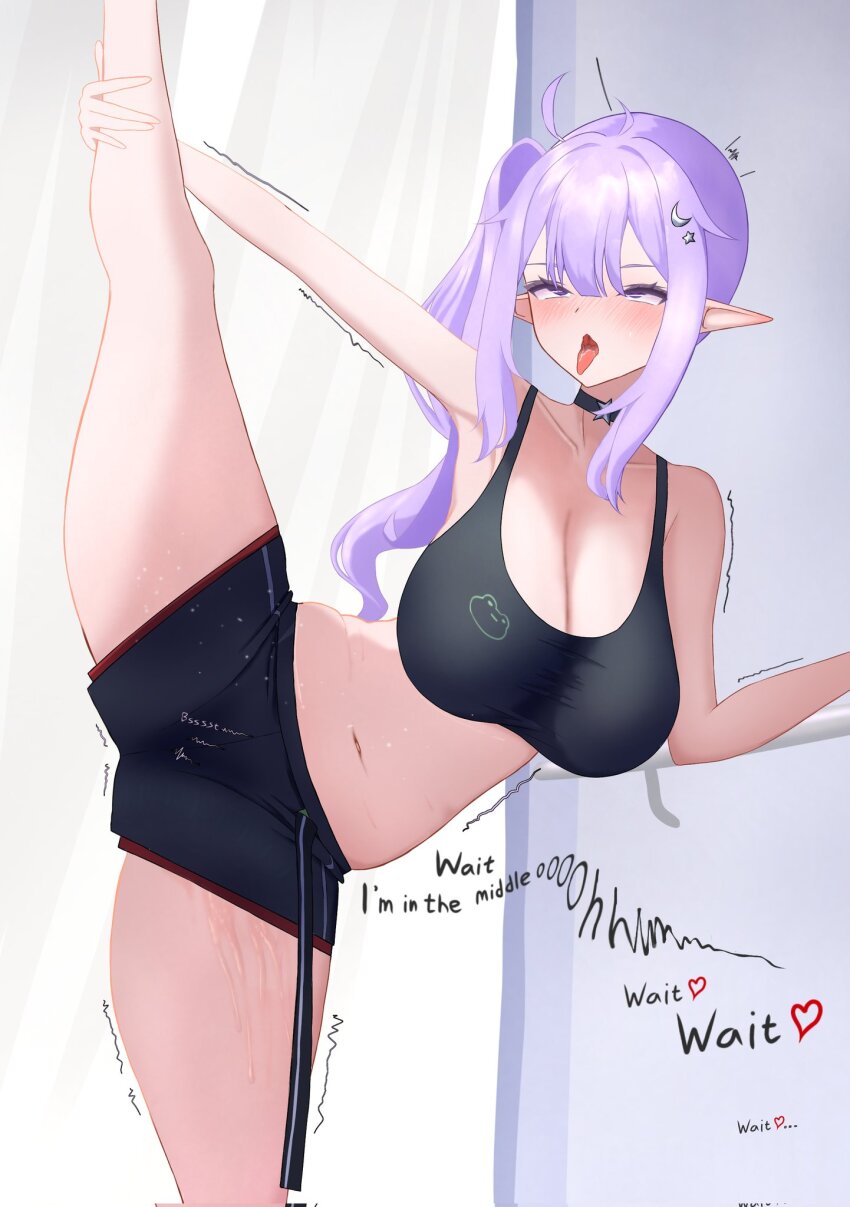 1girl, black_choker, black_shorts, black_sports_bra, blush, breasts, choker, cleavage