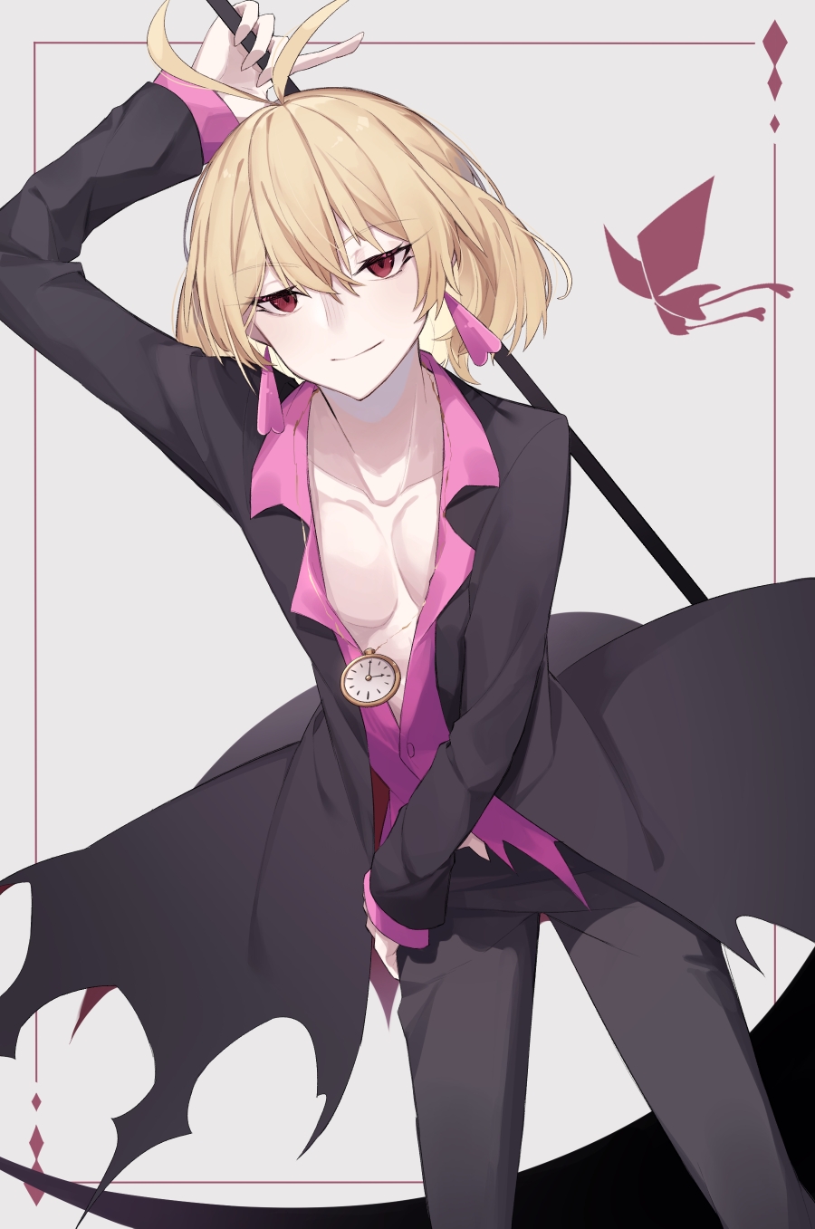 1boy, all_of_love, all_of_love_(butterfly_form), antenna_hair, bishounen, black_pants, blonde_hair, earrings, highres, jewelry, male_focus, mori_b_mori, pants, pectorals, red_eyes, servamp, short_hair