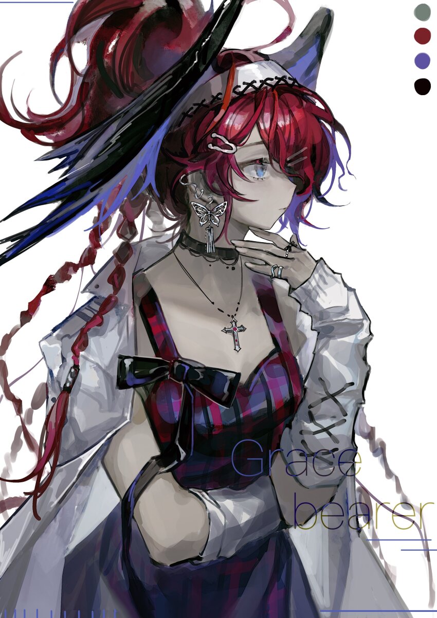 1girl, absurdres, aqua_eyes, arknights, black_bow, black_choker, black_dress, bow