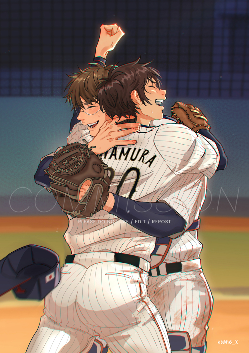 2boys, ace_of_diamond, ass, baseball, baseball_glove, baseball_jersey, baseball_uniform, brown_hair, closed_eyes, glasses, goggles, highres, hug, huge_ass, jersey, male_focus, miyuki_kazuya, multiple_boys, nume_x, pants, sawamura_eijun, shirt, short_hair, sportswear, white_shirt, yaoi