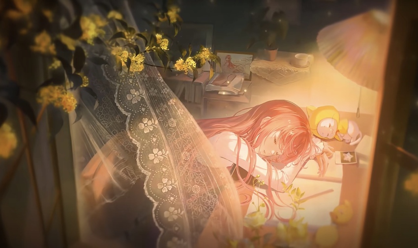 artist_request, bedroom, bloom_poetry_(shining_nikki), book, bookshelf, bow, bowtie, chair, cloak, closed_eyes, cup, dark, desk_lamp, dress, ear_covers, eyelashes, flower, frilled_sleeves, frills, gifty_(nikki), hair_spread_out, highres, hood, hood_up, hooded_cloak, indoors, infinity_nikki, lamp, long_hair, long_sleeves, lying, miracle_nikki, momo_(nikki), night, nikki_(nikki), nikki_(series), notebook, official_art, on_chair, on_side, open_book, parted_lips, pen, photo_(object), picture_frame, pinafore_dress, pink_dress, pink_hair, plant, potted_plant, red_bow, red_bowtie, saucer, shining_nikki, shirt, sitting, sleeping, sleeveless, sleeveless_dress, sleeves_past_wrists, teacup, third-party_source, very_long_hair, whimstar_(infinity_nikki), white_shirt, window, yellow_cloak, yellow_flower