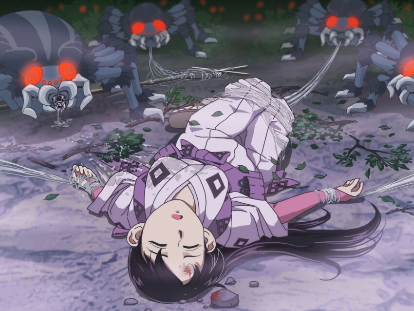 1girl, black_hair, breasts, bug, full_body, japanese_clothes, kekkaishi, long_hair