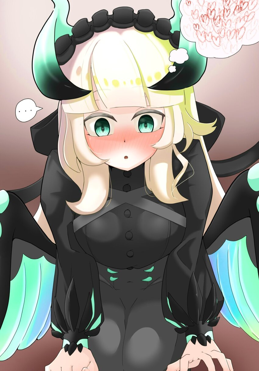 1girl, black_dress, black_wings, blonde_hair, blush, brown_background, chamber_dragonmaid, dragon_girl