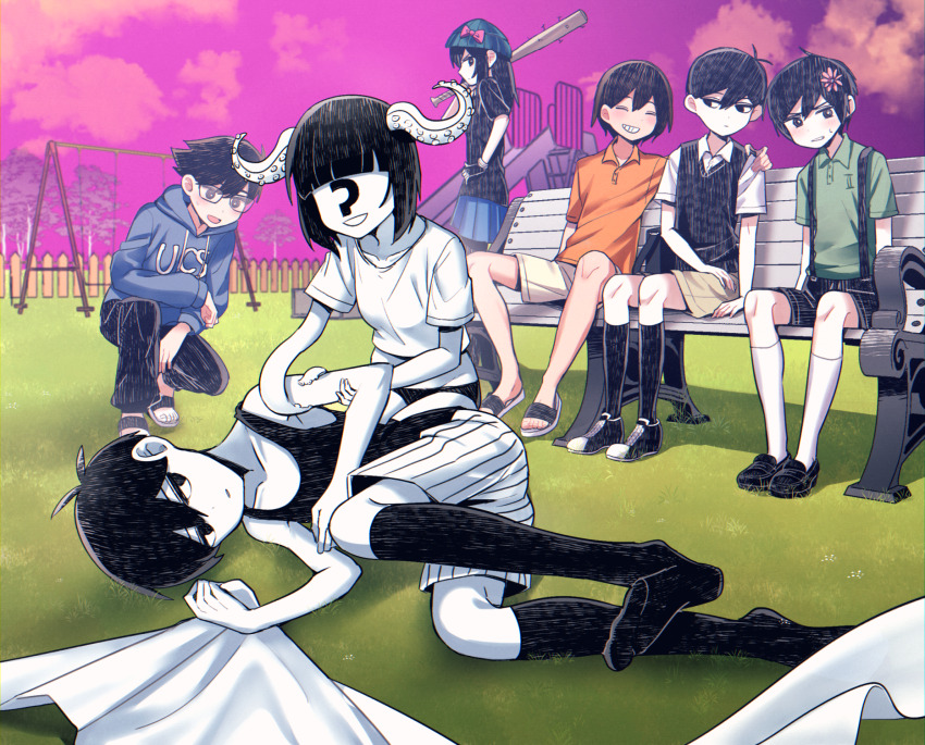 2girls, :d, ?, abbi_(omori), ahoge, antenna_hair, arm_between_legs, arm_rest