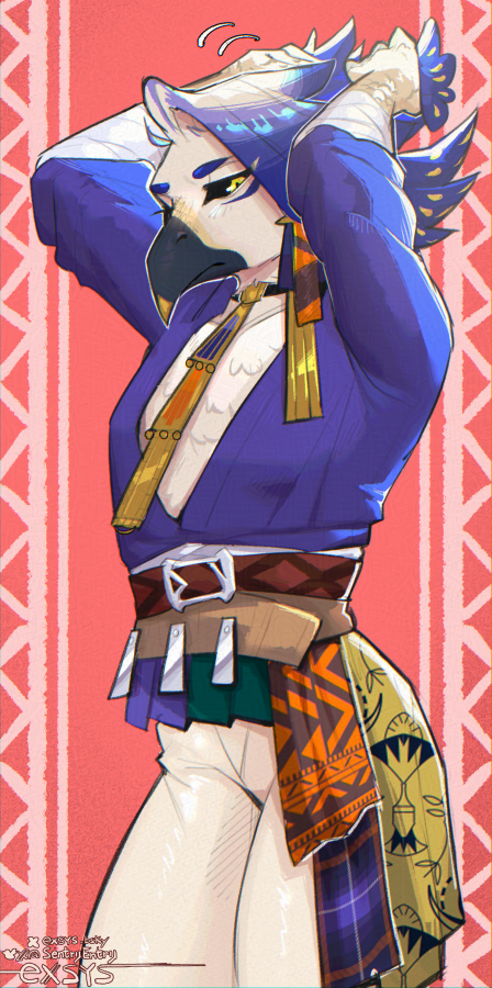 1boy, agileentry, artist_name, badrun_(khonshu)_(dislyte), beak, bird_boy, black_sclera, bluesky_username