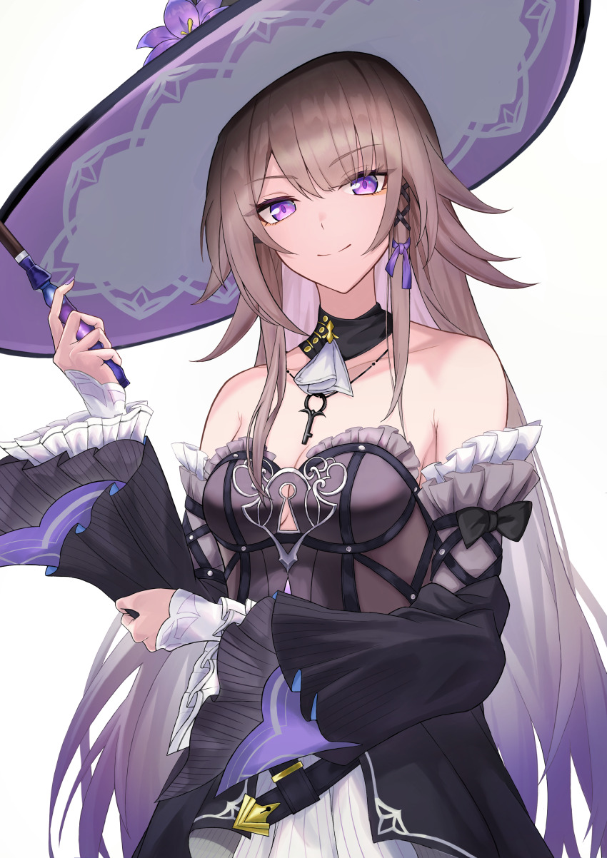 1girl, absurdres, breasts, brown_hair, detached_sleeves, dress, flower, hat