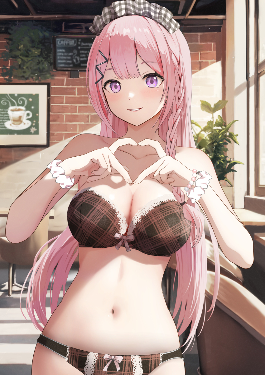 1girl, absurdres, bare_arms, bare_shoulders, blush, bow, bow_bra, bow_panties, bra, braid, breasts, brick_wall, brown_bra, brown_panties, cafe, chair, cleavage, collarbone, day, eyebrows_hidden_by_hair, fingernails, gibun_(sozoshu), grin, hair_ornament, hair_tie, hairclip, hands_up, heart, heart_hands, highres, indoors, large_breasts, light_particles, lingerie, long_hair, looking_at_viewer, maid, maid_headdress, menu_board, midriff, navel, neck, original, panties, parted_lips, pink_bow, pink_eyes, pink_hair, pink_lips, pink_nails, plaid_clothes, plaid_headdress, plant, scrunchie, smile, solo, standing, stomach, straight_hair, strapless, strapless_bra, thighs, underwear, white_scrunchie, wrist_bobbles, wrist_scrunchie