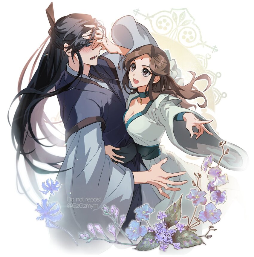 1boy, 1girl, black_hair, black_hanfu, blue_eyes, breasts, brown_eyes, brown_hair, chinese_clothes, cleavage, facial_mark, flower, forehead_mark, genderswap, genderswap_(mtf), green_trim, gzgzmym, hanfu, highres, huadian, long_hair, long_sleeves, medium_breasts, open_mouth, robe, shi_qingxuan, shi_wudu, siblings, smile, tianguan_cifu, white_hanfu, wide_sleeves, xiao_guan_(headdress)