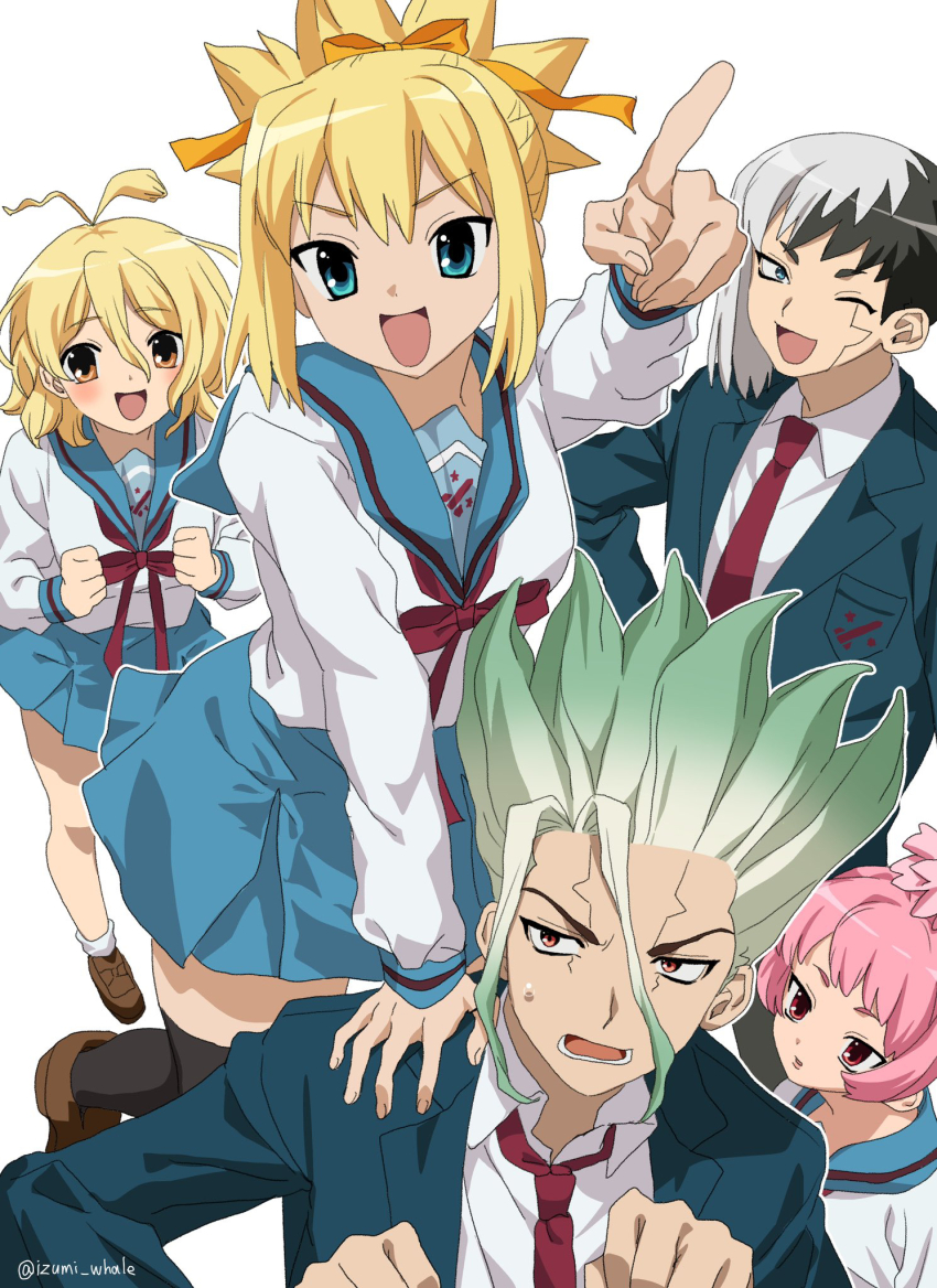 2boys, 3girls, :d, ;d, antenna_hair, asagiri_gen, black_hair, black_thighhighs