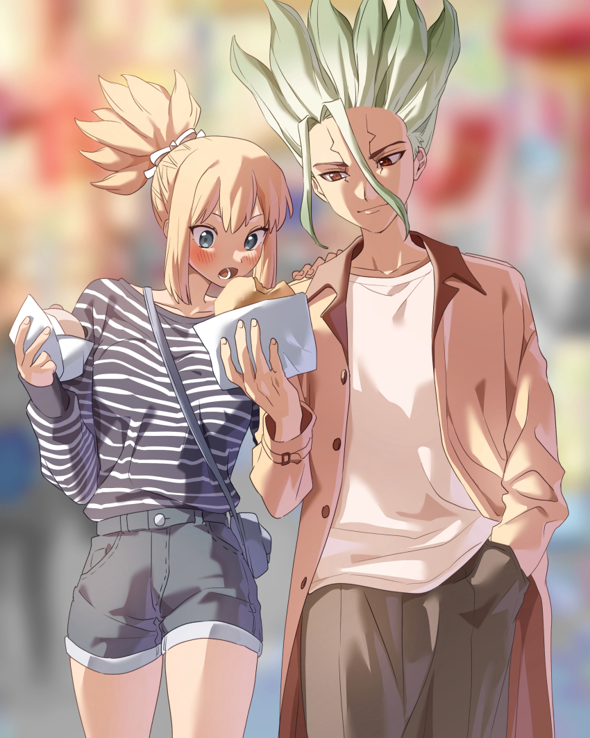 1boy, 1girl, absurdres, alternate_costume, aqua_eyes, black_pants, blonde_hair, blurry