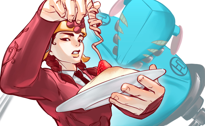 1girl, 1other, absurdres, black_necktie, blue_skin, braid, cake, collared_shirt