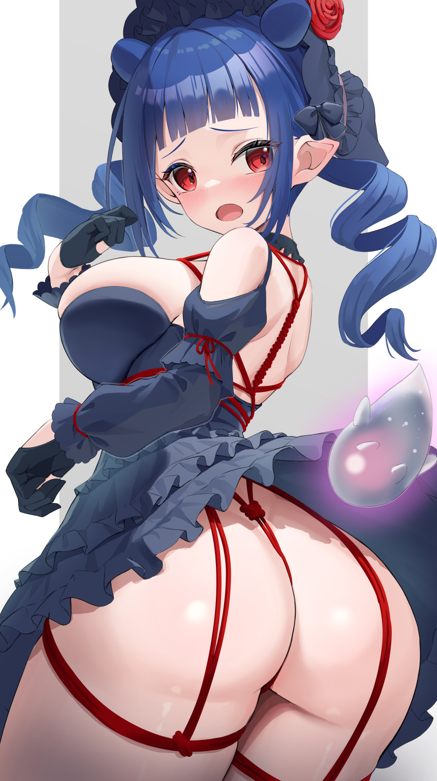 1girl, absurdres, ass, black_bow, black_dress, black_gloves, blue_hair, blush