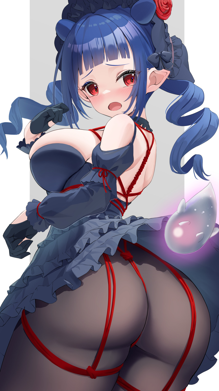 1girl, absurdres, ass, black_bow, black_dress, black_gloves, blue_hair, blush
