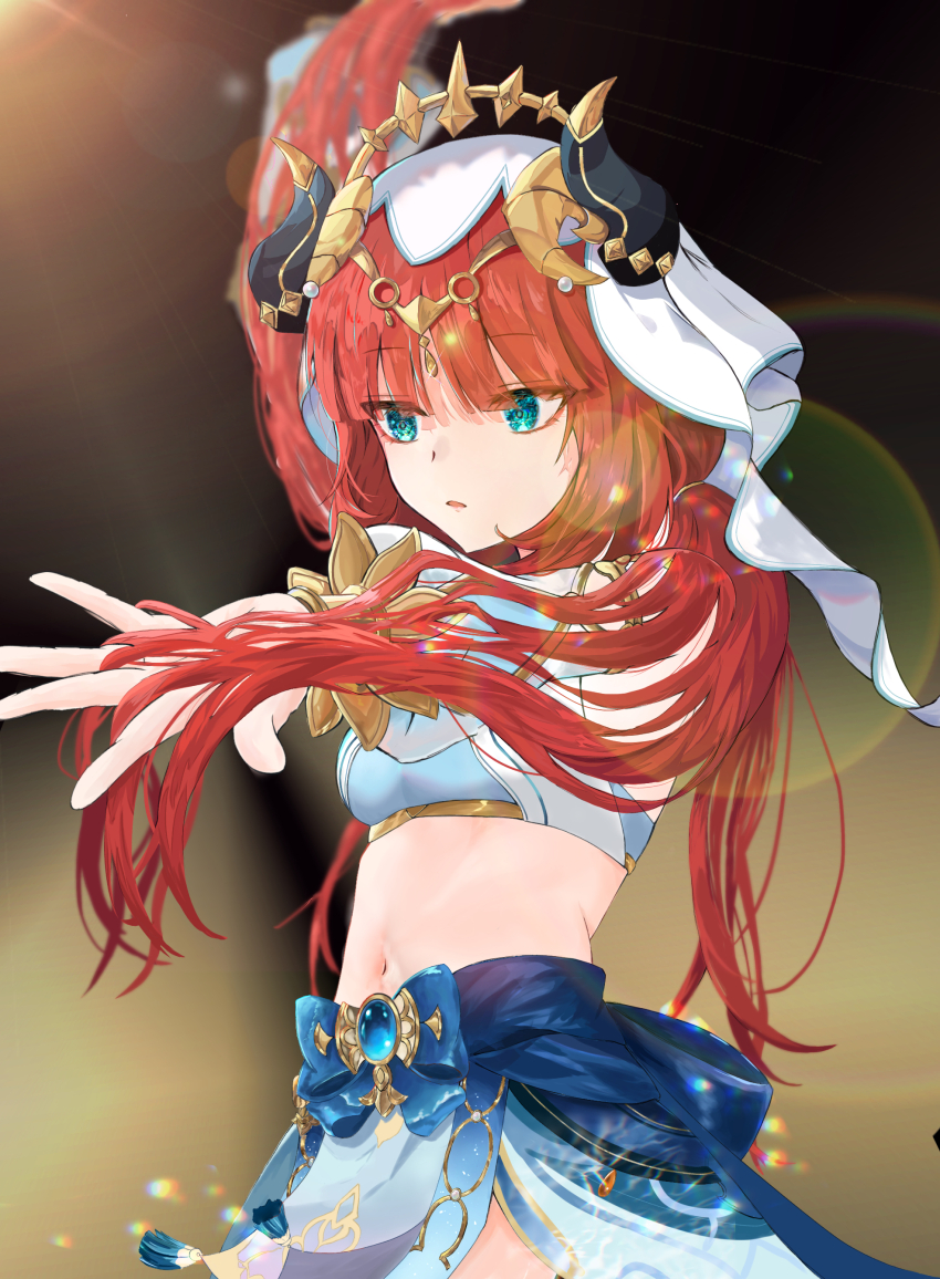 1girl, absurdres, aqua_eyes, blue_gem, brooch, crop_top, detached_sleeves, fake_horns, gem, genshin_impact, hair_ornament, hand_in_own_hair, harem_outfit, highres, horns, jewelry, long_hair, midriff, navel, nilou_(genshin_impact), parted_lips, pee_poncopo, red_hair, solo, upper_body, veil, very_long_hair, white_veil