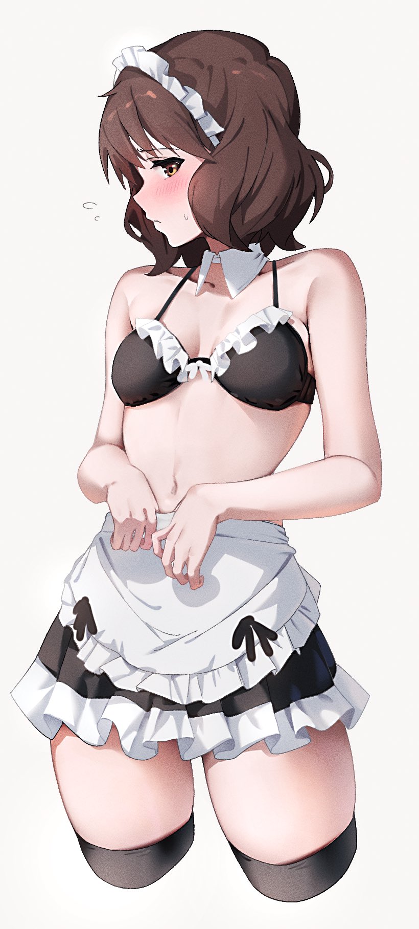 1girl, apron, bare_shoulders, bikini, black_bikini, blush, brown_eyes, brown_hair