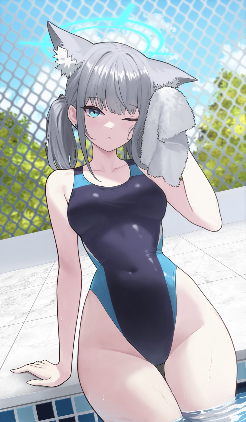 1girl, absurdres, animal_ear_fluff, animal_ears, blue_archive, competition_swimsuit, covered_navel, extra_ears, grey_hair, halo, highleg, highleg_one-piece_swimsuit, highres, holding, holding_towel, low_ponytail, multicolored_swimsuit, official_alternate_costume, one-piece_swimsuit, one_eye_closed, partially_submerged, ponytail, pool, poolside, potatoy, shiroko_(blue_archive), shiroko_(swimsuit)_(blue_archive), solo, swimsuit, towel, two-tone_swimsuit, wolf_ears, wolf_girl