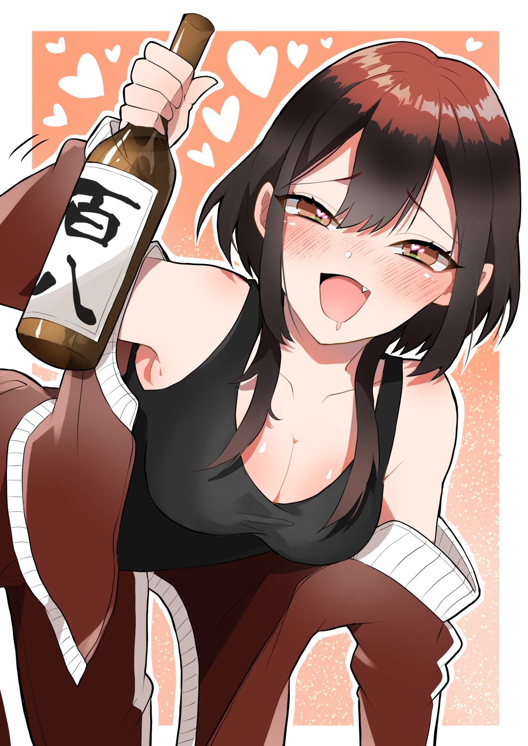 1girl, :d, bare_shoulders, black_tank_top, blush, bonnouji_momoha, border, bottle, breasts, brown_eyes, brown_hair, chacha_kamimaru, cleavage, collarbone, commentary, drooling, drunk, fang, hair_between_eyes, heart, heart_in_eye, highres, holding, holding_bottle, jacket, kimi_no_koto_ga_dai_dai_dai_dai_daisuki_na_100-nin_no_kanojo, large_breasts, looking_at_viewer, mouth_drool, off_shoulder, open_clothes, open_jacket, open_mouth, orange_background, outline, outside_border, short_hair_with_long_locks, sidelocks, simple_background, smile, solo, symbol_in_eye, tank_top, track_jacket, white_border, white_outline