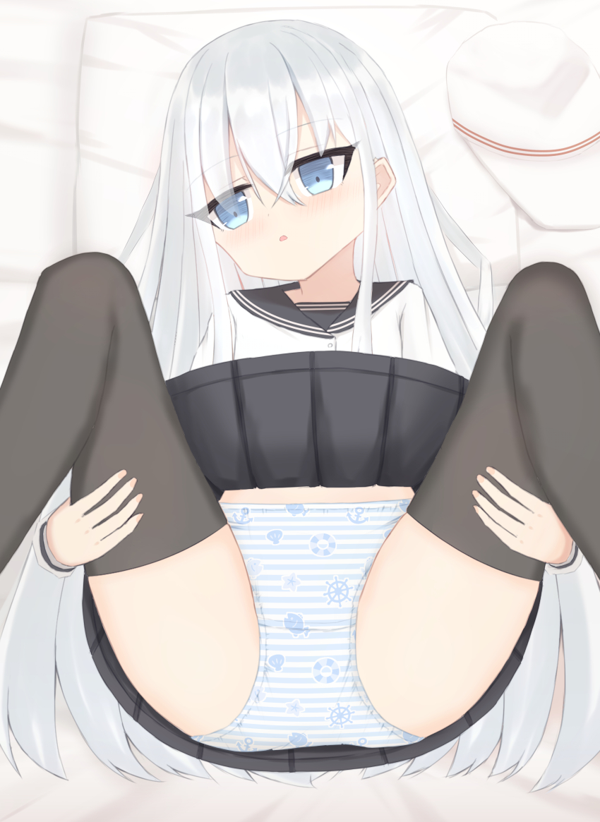 1girl, absurdres, anchor_print, animal_print, bed, black_skirt, black_thighhighs, blue_eyes, blue_panties, blush, clothes_lift, crotch_seam, fish_print, grey_hair, hat, highres, kantai_collection, leg_hold, legs_up, lifebuoy_print, loli, long_hair, long_sleeves, looking_to_the_side, lying, on_bed, open_mouth, panties, pillow, print_panties, school_uniform, serafuku, shell, shell_print, shirt, shooko, skirt, skirt_lift, spread_legs, starfish_print, steering_wheel_print, striped_clothes, striped_panties, thighhighs, underwear, unworn_hat, unworn_headwear, verniy_(kancolle), white_hat, white_shirt