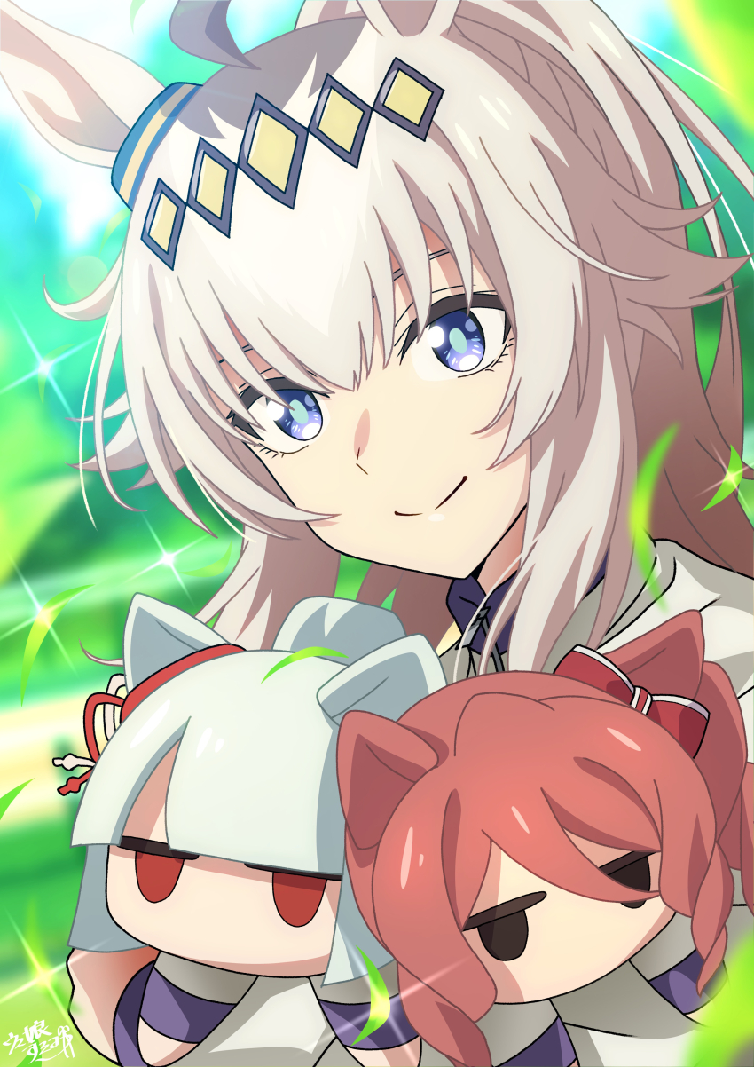 1girl, absurdres, ahoge, animal_ears, blue_eyes, doll, fujimasa_march_(umamusume), grey_hair