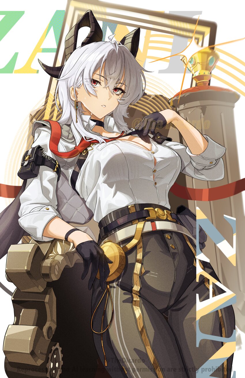 1girl, absurdres, arm_pouch, bags_under_eyes, black_choker, black_gloves, black_horns, black_jacket