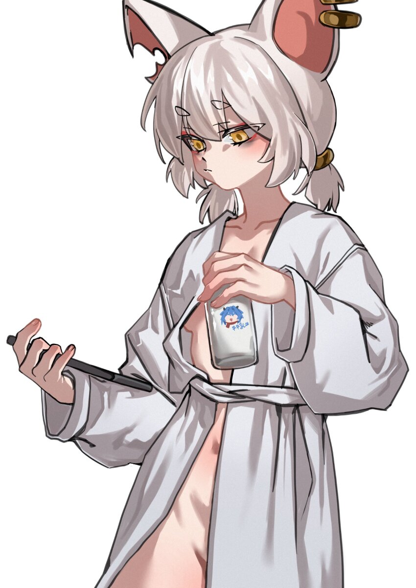 1girl, animal_ears, bathrobe, blush, bottle, breasts, cow_girl_(wuju59), eiferqimuyu