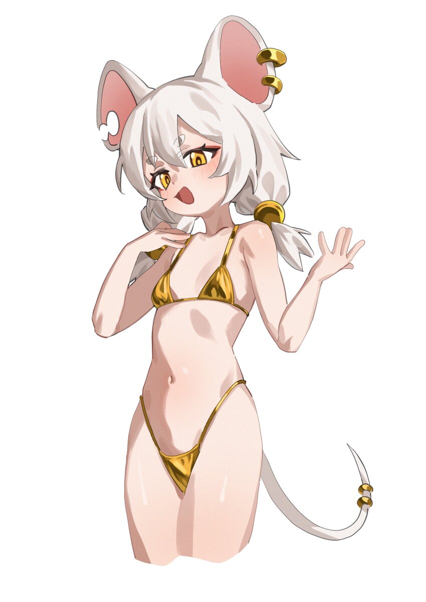 1girl, absurdres, animal_ears, bikini, breasts, eiferqimuyu, gold_bikini, grey_hair