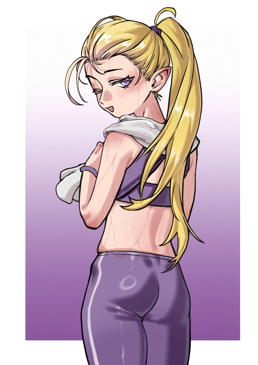 1girl, absurdres, ass, blonde_hair, crop_top, eiferqimuyu, from_behind, highres