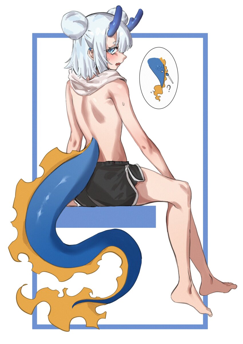 1girl, absurdres, bare_back, blue_eyes, double_bun, dragon_girl, dragon_girl_(wuju59), dragon_horns