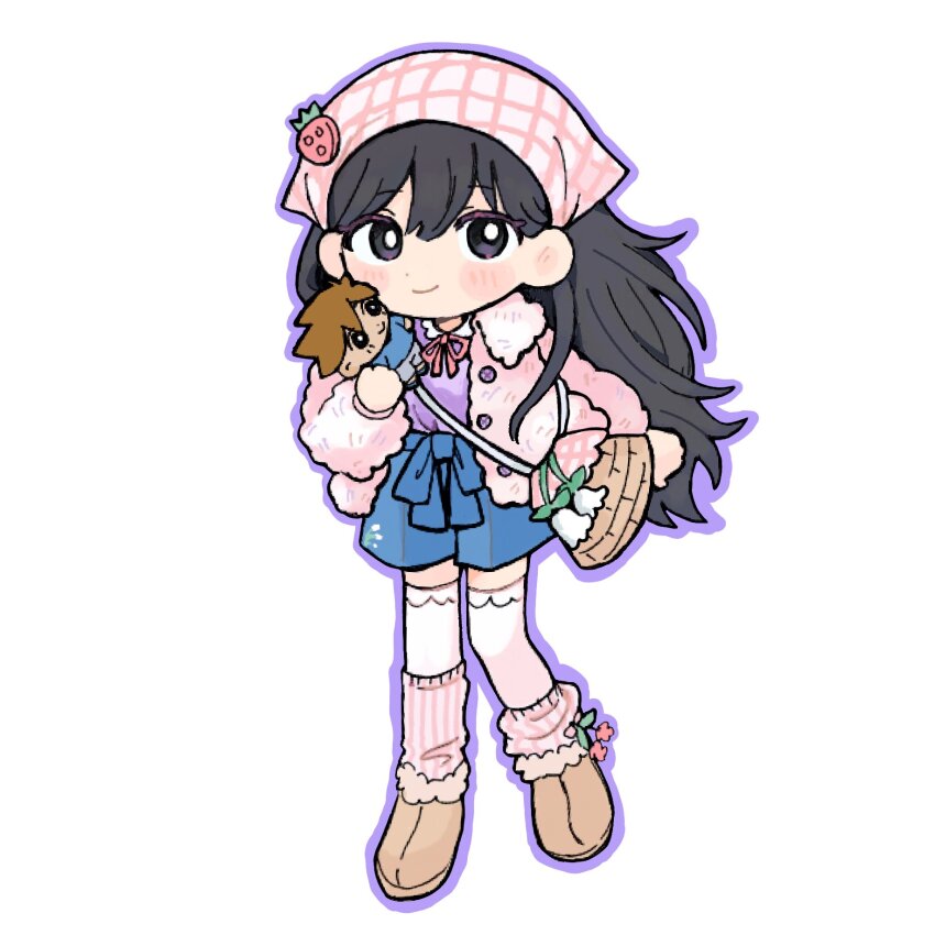 1girl, bag, black_eyes, black_hair, blue_shorts, blush, boots, bright_pupils