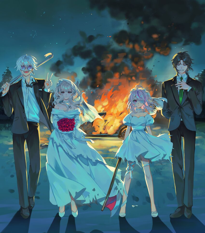 2boys, 2girls, ^_^, absurdres, ahoge, alternate_costume, arm_behind_back, arson