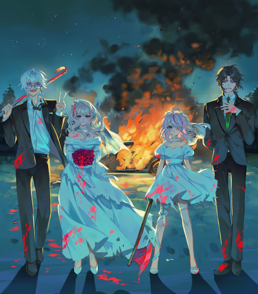 2boys, 2girls, ^_^, absurdres, ahoge, alternate_costume, arm_behind_back, arson