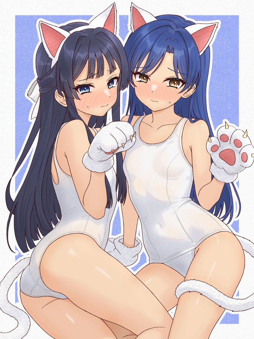 2girls, 82k_mugi, absurdres, animal_ears, animal_hands, ass, bare_legs, black_hair