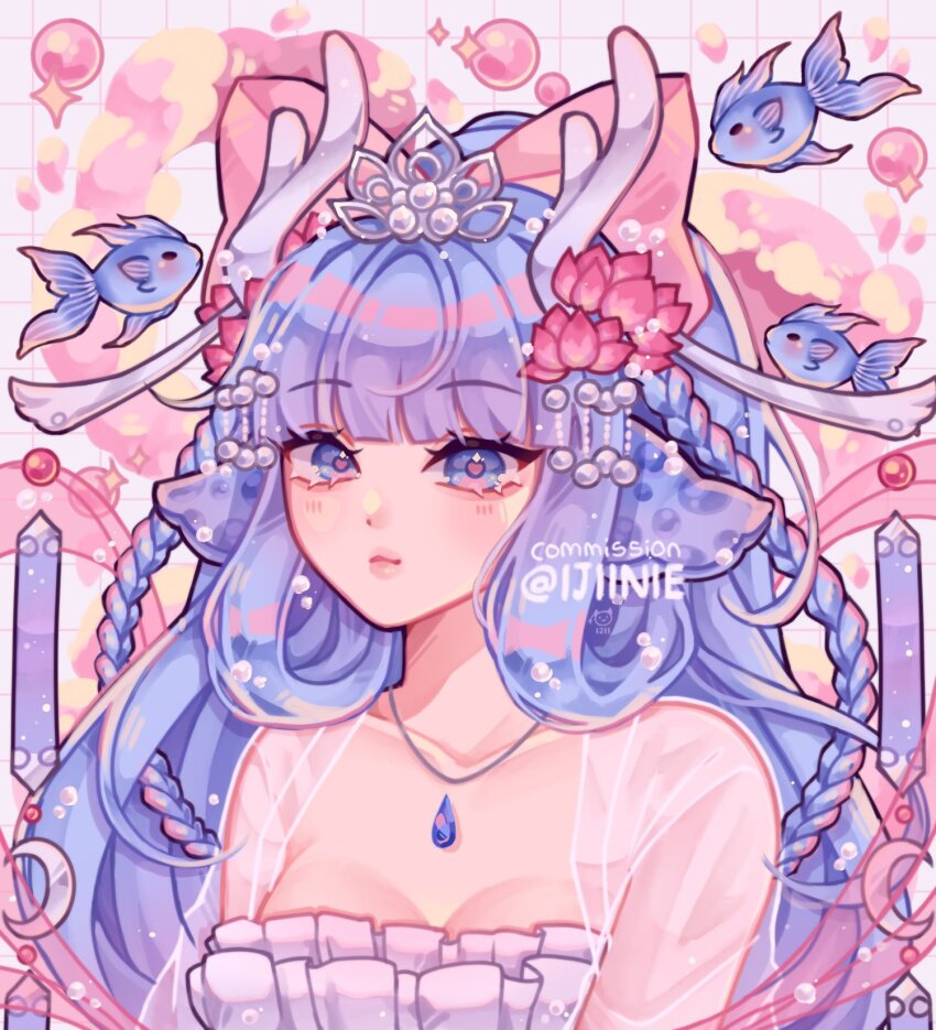 1girl, arms_at_sides, blue_eyes, blue_gem, blunt_bangs, bow, braid, closed_mouth