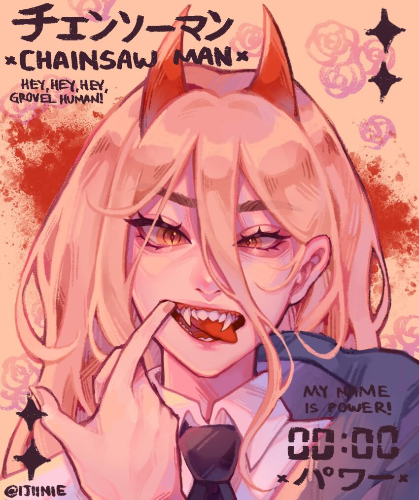 1girl, :d, aegyo_sal, black_necktie, blood, chainsaw_man, character_name, collared_shirt, commentary, copyright_name, cross-eyed, demon_girl, demon_horns, double-parted_bangs, english_commentary, eyebrows_hidden_by_hair, eyelashes, fangs, finger_in_own_mouth, fingernails, floral_background, hair_behind_ear, hair_between_eyes, hand_up, highres, hood, hood_down, horns, ijiinie, long_hair, long_hair_between_eyes, necktie, open_mouth, orange_background, orange_eyes, orange_hair, portrait, power_(chainsaw_man), red_horns, sharp_teeth, shirt, simple_background, smile, solo, sparkle, straight-on, teeth, tongue, tongue_out, tsurime, twitter_username, white_shirt