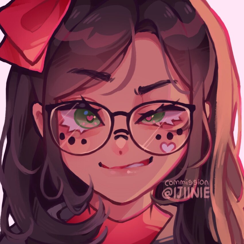 1girl, aegyo_sal, backlighting, biting_own_lip, black-framed_eyewear, bow, brown_hair, close-up