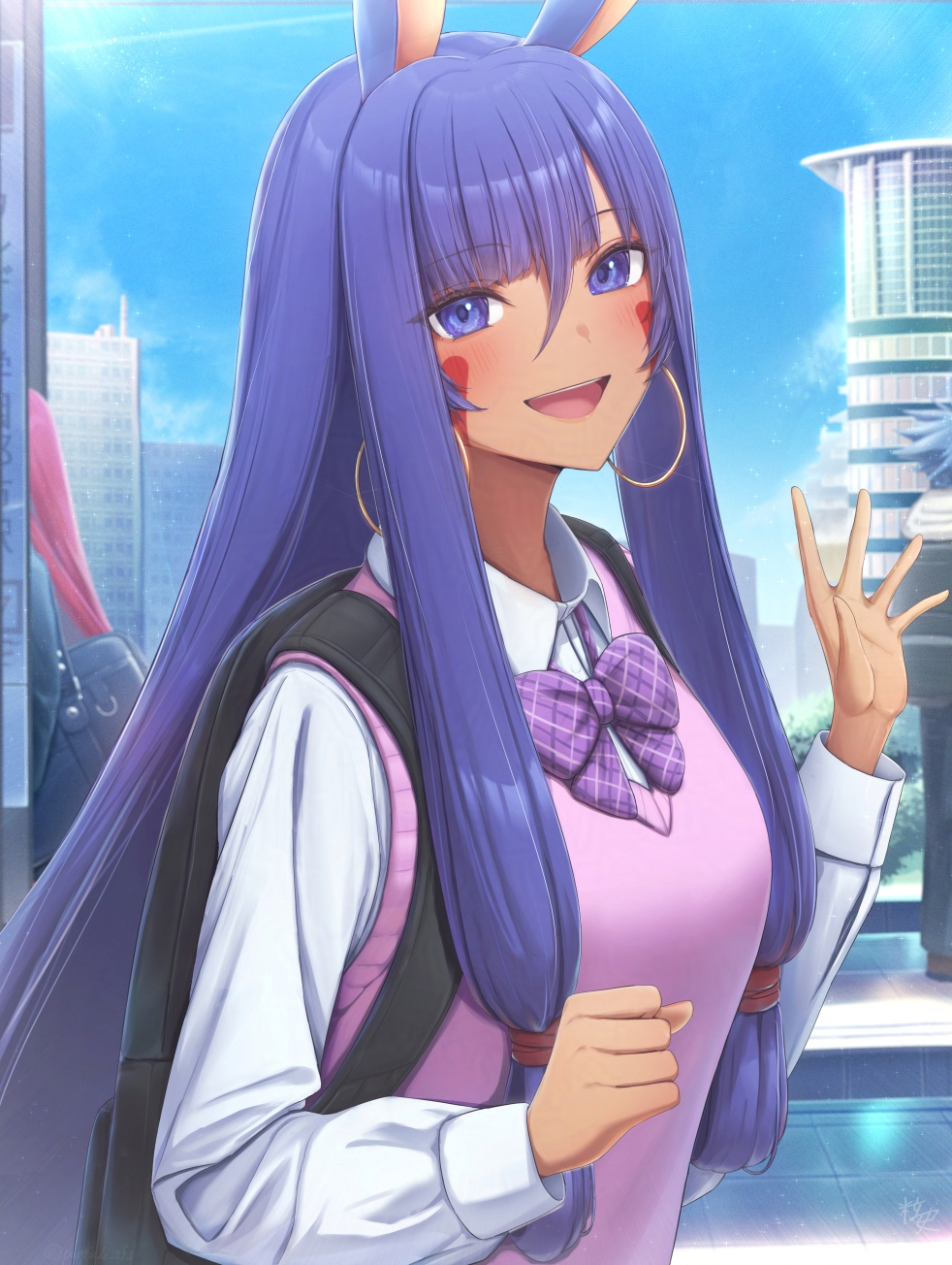 1girl, animal_ears, blush, bow, bowtie, breasts, collared_shirt, dark-skinned_female, dark_skin, earrings, facial_mark, fate/grand_order, fate_(series), highres, hoop_earrings, jackal_ears, jewelry, long_hair, long_sleeves, looking_at_viewer, medium_breasts, nitocris_(fate), nitocris_(into_the_spring)_(fate), open_mouth, particle_sfs, pink_vest, purple_eyes, purple_hair, shirt, sidelocks, smile, solo, sweater_vest, vest, white_shirt