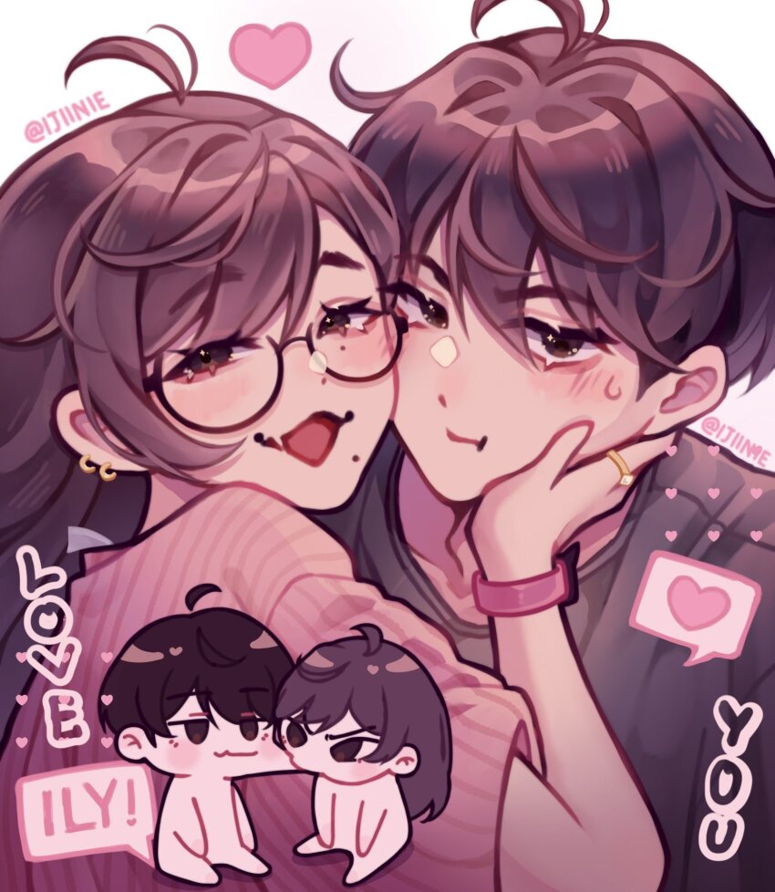 1boy, 1girl, :t, aegyo_sal, antenna_hair, black_shirt, blush, bracelet, brown_eyes, cheek-to-cheek, collarbone, commentary, couple, double-parted_bangs, ear_piercing, english_commentary, english_text, fang, from_behind, gold_ring, hair_behind_ear, hair_between_eyes, hair_intakes, hand_on_another's_cheek, hand_on_another's_face, heads_together, heart, hetero, highres, ijiinie, jewelry, long_hair, mole, mole_under_eye, mole_under_mouth, piercing, pink_shirt, real_life, real_life_insert, ribbed_shirt, ring, shirt, short_hair, simple_background, skin_fang, spoken_heart, sweatdrop, swept_bangs, twitter_username, upper_body, white_background
