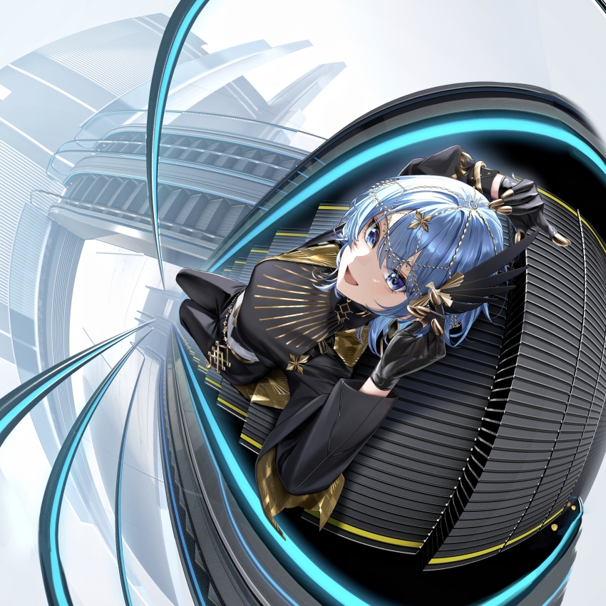 1girl, absurdres, arms_up, black_gloves, black_pants, black_shirt, blue_eyes, blue_hair