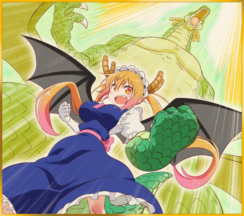 1girl, absurdres, black_wings, blonde_hair, blue_dress, bow, breasts, colored_skin