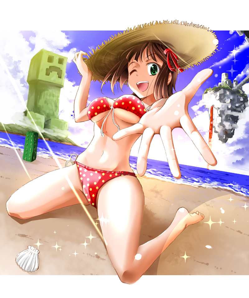 1girl, amami_haruka, barefoot, beach, bikini, breasts, brown_hair, cloud, creeper, crossover, day, dutch_angle, female_focus, floating_island, foreshortening, front-tie_top, green_eyes, hat, idolmaster, idolmaster_(classic), kuno_touya, lens_flare, medium_breasts, minecraft, navel, one_eye_closed, open_hand, open_mouth, outstretched_hand, perspective, polka_dot, polka_dot_bikini, polka_dot_swimsuit, reaching, red_bikini, shell, short_hair, side-tie_bikini_bottom, sitting, sky, smile, solo, sparkle, straw_hat, sun_hat, swimsuit, underboob, wariza, wink