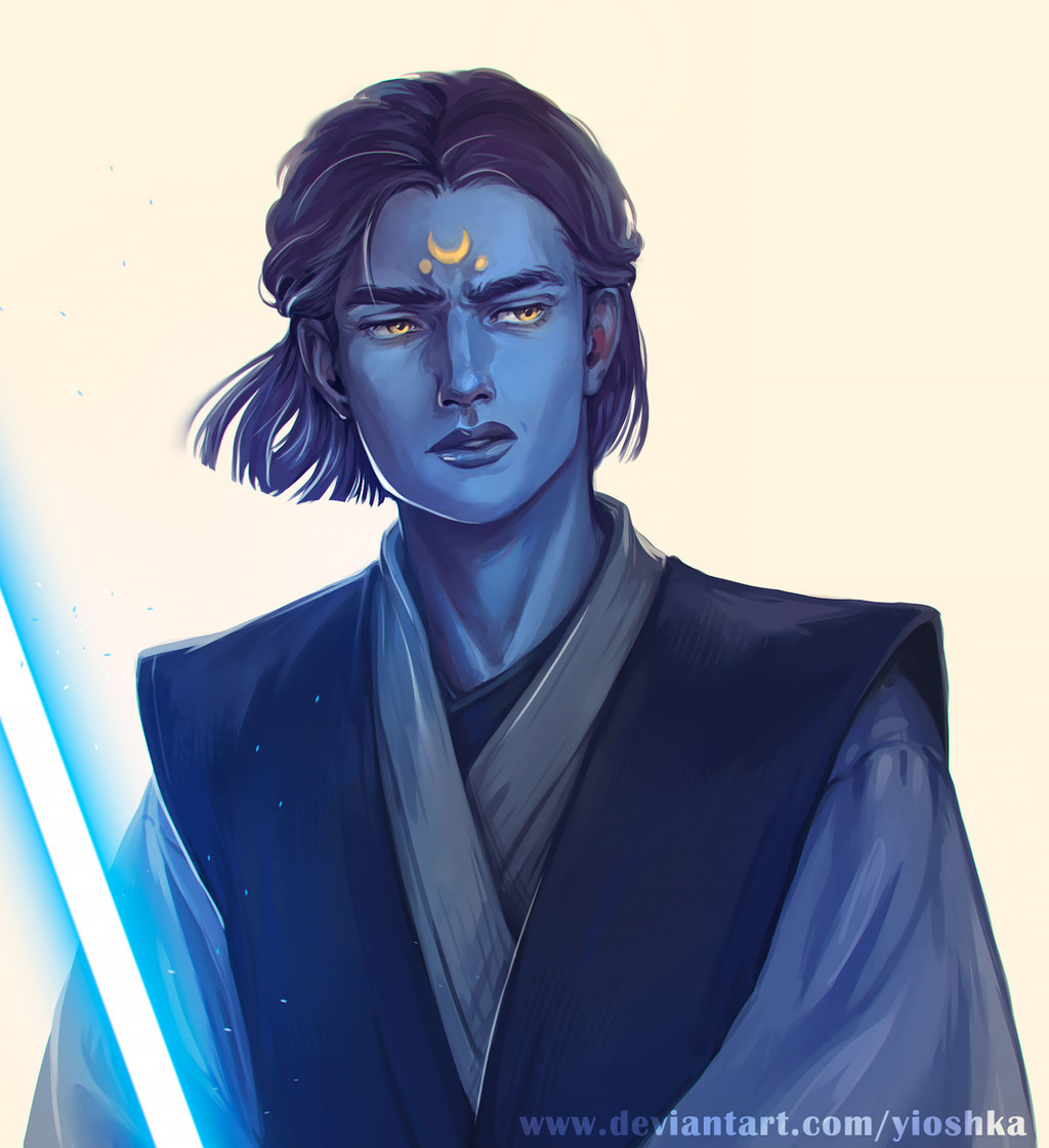 1boy, alien, artist_name, blue_hair, blue_lightsaber, blue_skin, colored_skin, deviantart_username