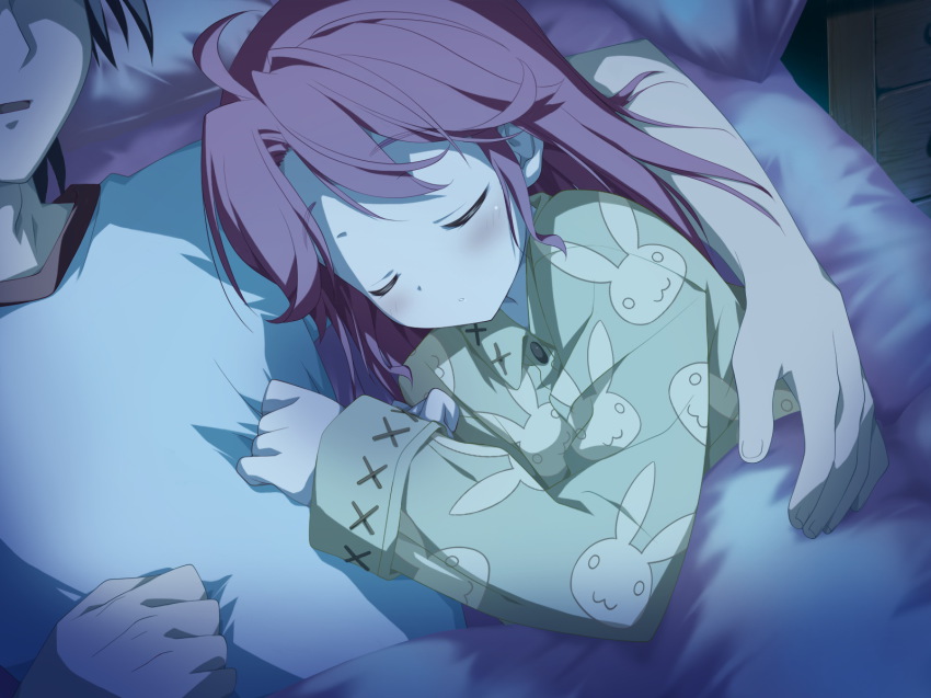 1boy, 1girl, bed, blush, cuddling, game_cg, highres, hoshizora_no_memoria, kogasaka_chinami, pajamas, pink_hair, sleeping